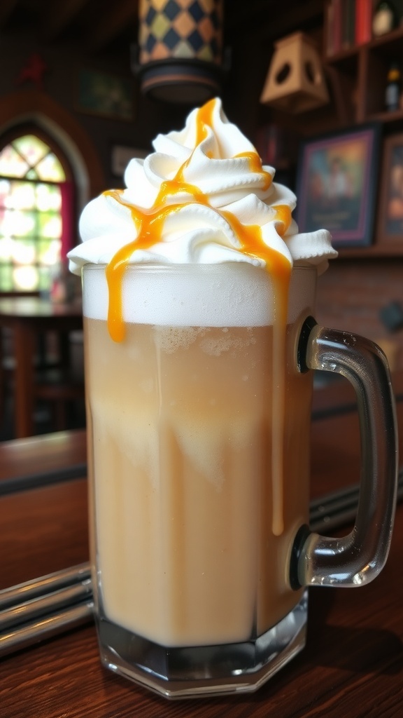 A frothy mug of butterbeer topped with whipped cream and butterscotch syrup in a cozy setting.